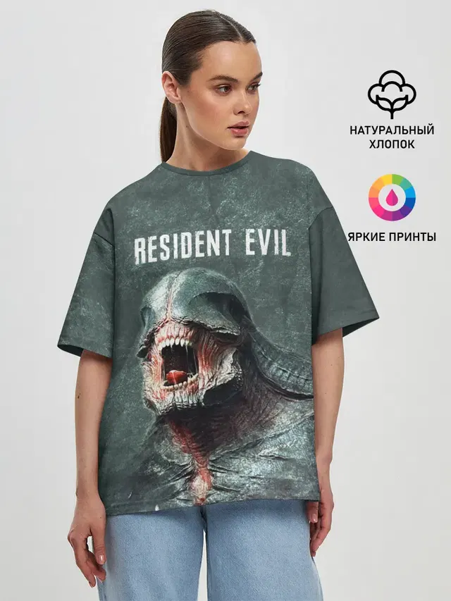 Женская футболка оверсайз с принтом «Licker — RESIDENT EVIL 2 — РЕЗИДЕНТ ЕВИЛ»