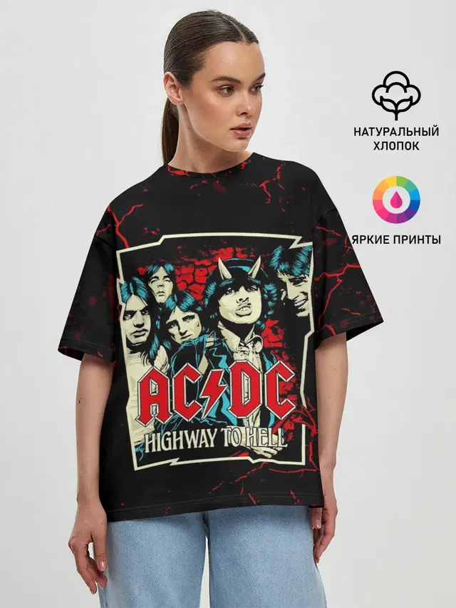 Женская футболка оверсайз с принтом «AC/DC — AC DC HIGHWAY TO HELL»
