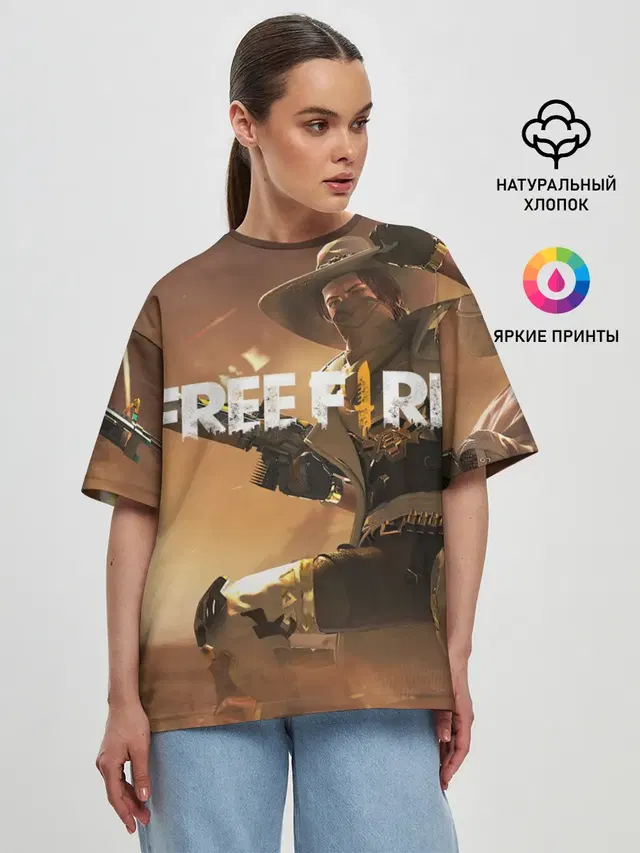 Женская футболка оверсайз с принтом «Cowboy — FREE FIRE»