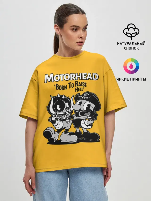 Женская футболка оверсайз с принтом «Motorhead — Motorhead x Cuphead»
