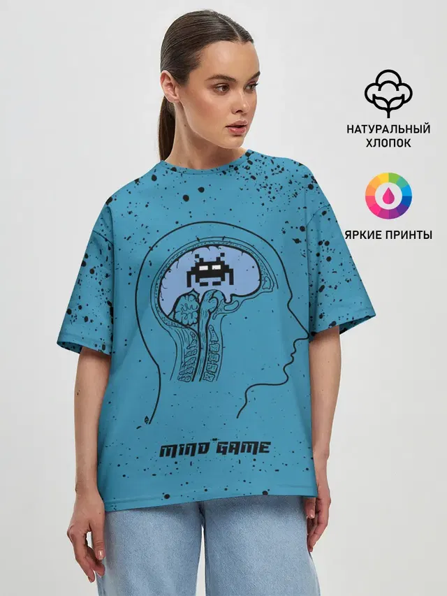 Женская футболка оверсайз с принтом «Space Invaders Mind Game»