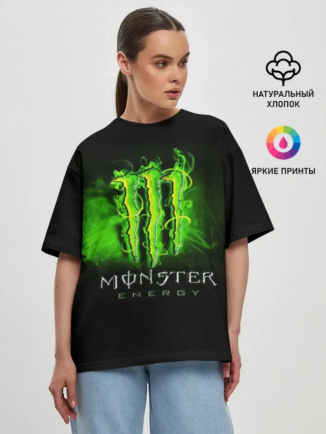 Женская футболка оверсайз с принтом «Разные тренды — MONSTER ENERGY NEON — НЕОН»