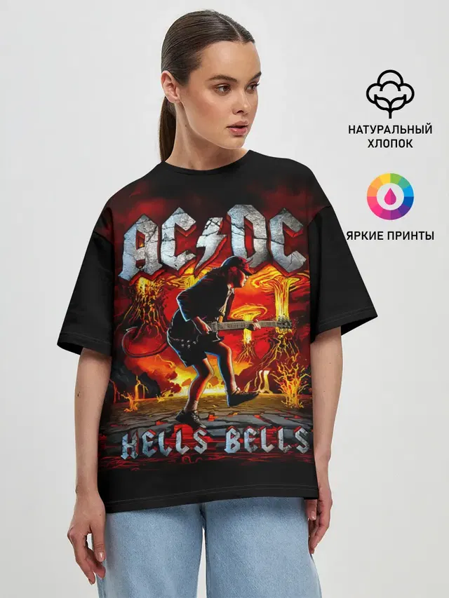 Женская футболка оверсайз с принтом «Volcano — AC/DC HELLS BELLS»