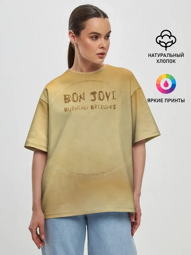 Женская футболка оверсайз с принтом «Bon Jovi — Burning Bridges - Bon Jovi»