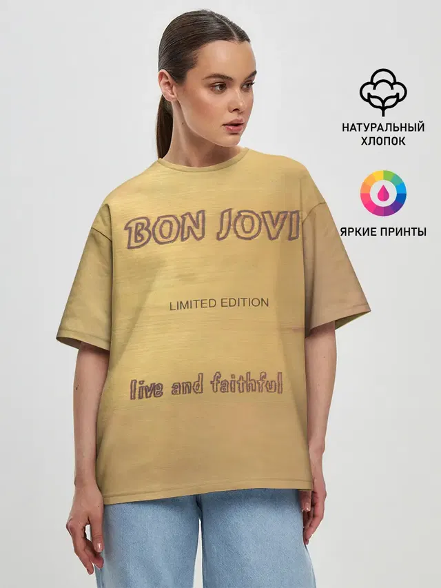 Женская футболка оверсайз с принтом «Bon Jovi — Live and Faithful - Bon Jovi»