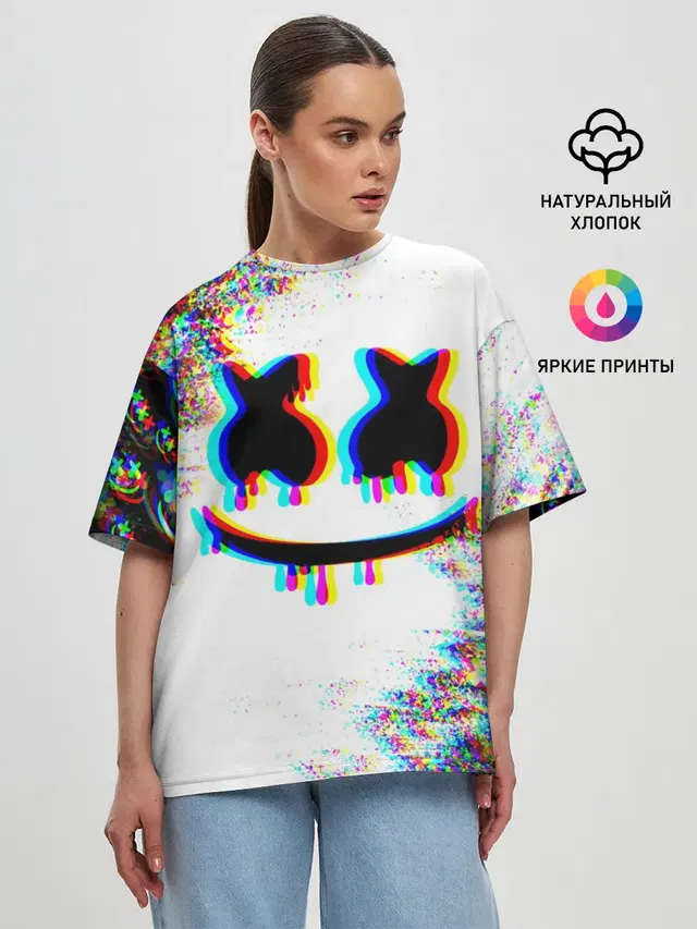 Женская футболка оверсайз с принтом «Marshmello — MARSHMELLOW GLITCH»