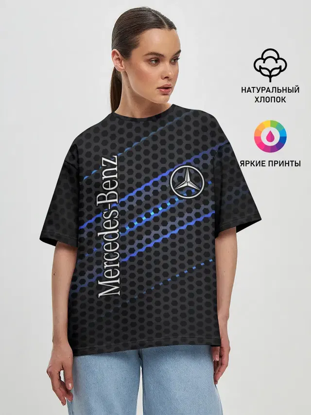Женская футболка оверсайз с принтом «Merсedes — MERCEDES LOGO NEON»