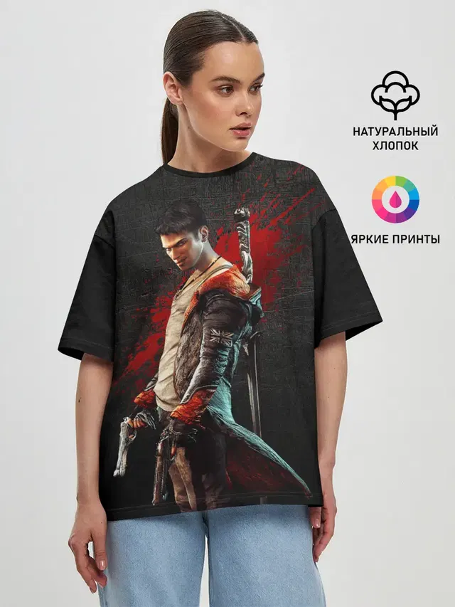 Женская футболка оверсайз с принтом «Devil May Cry — Black Dante»