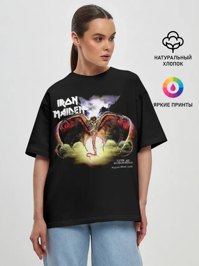 Женская футболка оверсайз с принтом «Live at Donington — Iron Maiden LIVE AT DONINGTON»