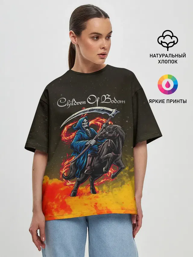 Женская футболка оверсайз с принтом «Children of Bodom — Skeleton on a horse»