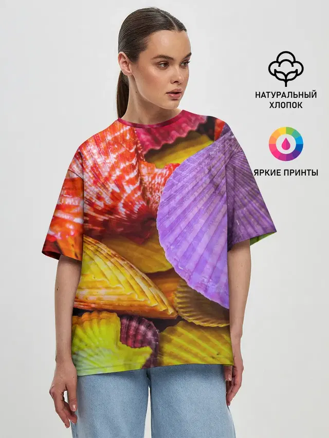 Женская футболка оверсайз с принтом «Природа — Разноцветные ракушки multicolored seashells»