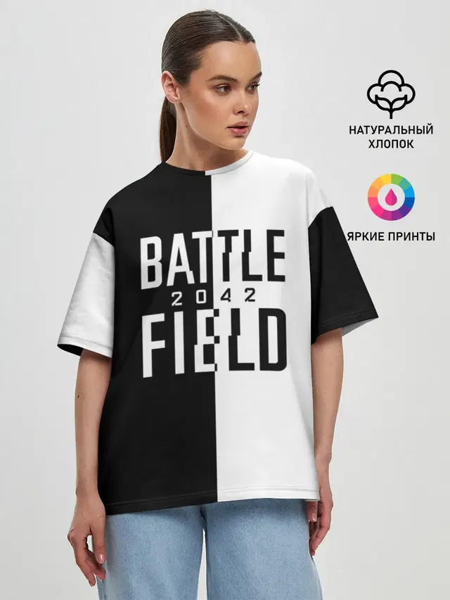 Женская футболка оверсайз с принтом «BATTLEFIELD — БАТЛФИЛД 2042 — ЛОГОТИП»