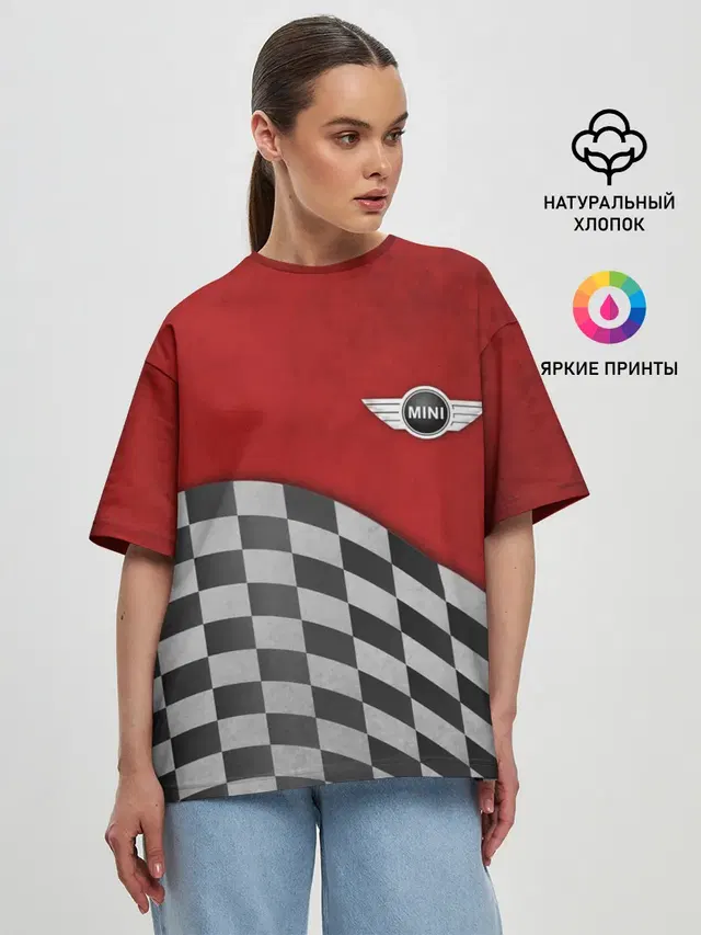 Женская футболка оверсайз с принтом «Mini Cooper — Финиш Cooper»