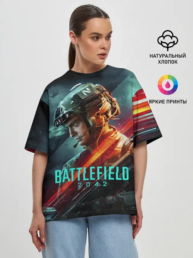 Женская футболка оверсайз с принтом «BATTLEFIELD — Battlefield 2042 game art»