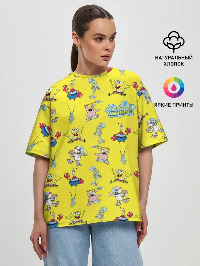 Женская футболка оверсайз с принтом «Губка Боб — SpongeBob pattern»