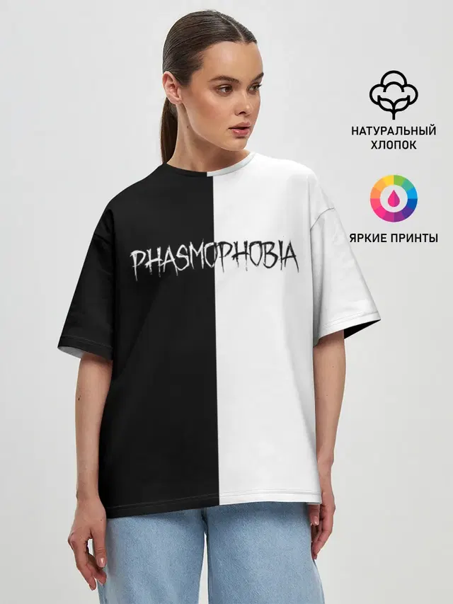 Женская футболка оверсайз с принтом «Phasmophobia logo ч — Phasmophobia logo ч/б»