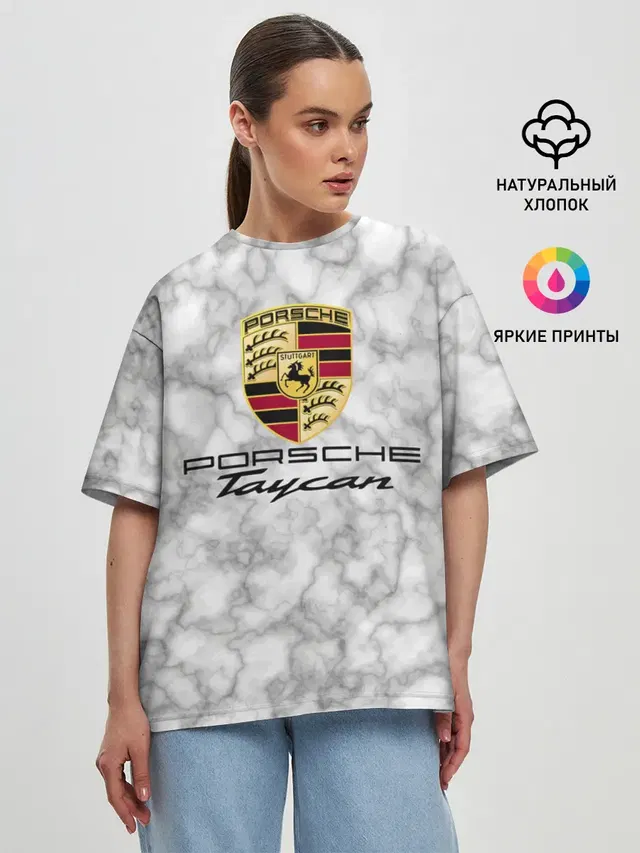 Женская футболка оверсайз с принтом «Porsche — [Porsche Taycan] - Как у Литвина»