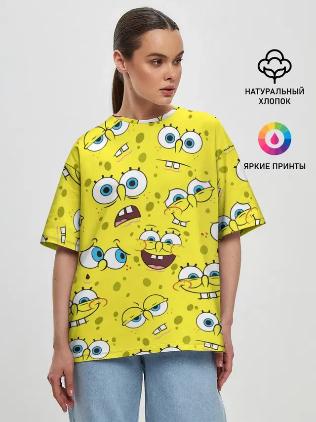 Женская футболка оверсайз с принтом «Губка Боб — SpongeBob pattern»