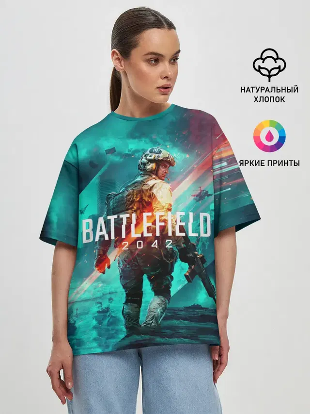 Женская футболка оверсайз с принтом «BATTLEFIELD — Battlefield 2042 игровой арт»