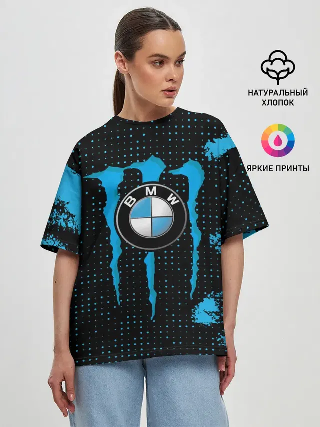 Женская футболка оверсайз с принтом «BMW — MONSTER BMW — MONSTER ENERGY»