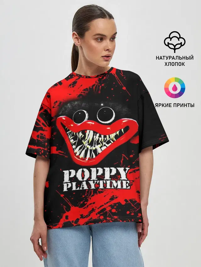 Женская футболка оверсайз с принтом «Poppy Playtime — ХАГГИ ВАГГИ»