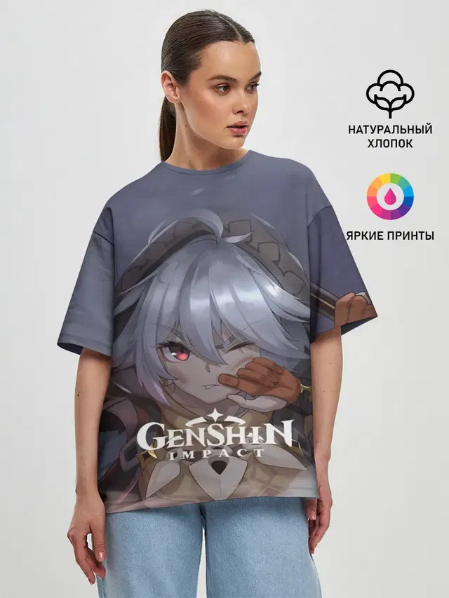Женская футболка оверсайз с принтом «Геншин Импакт — Genshin Impact: Razor Genshin.»