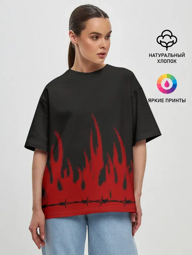 Женская футболка оверсайз с принтом «Пиксели — Pixel Fire»