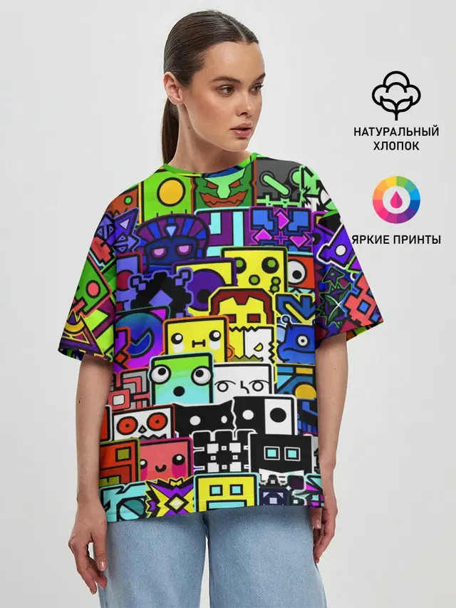Женская футболка оверсайз с принтом «Geometry Dash — GEOMETRY DASH ВСЕ СКИНЫ»