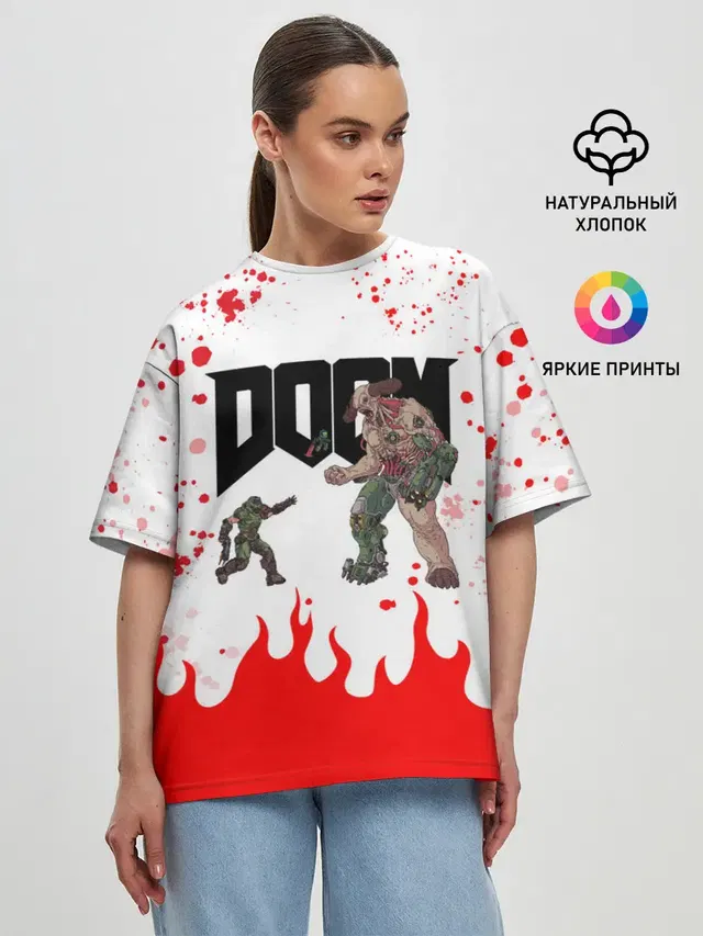 Женская футболка оверсайз с принтом «Дум — Doomguy vs Cyberdemon»