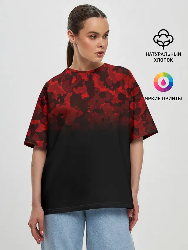 Женская футболка оверсайз с принтом «Милитари — BLACK RED CAMO — RED MILLITARY»