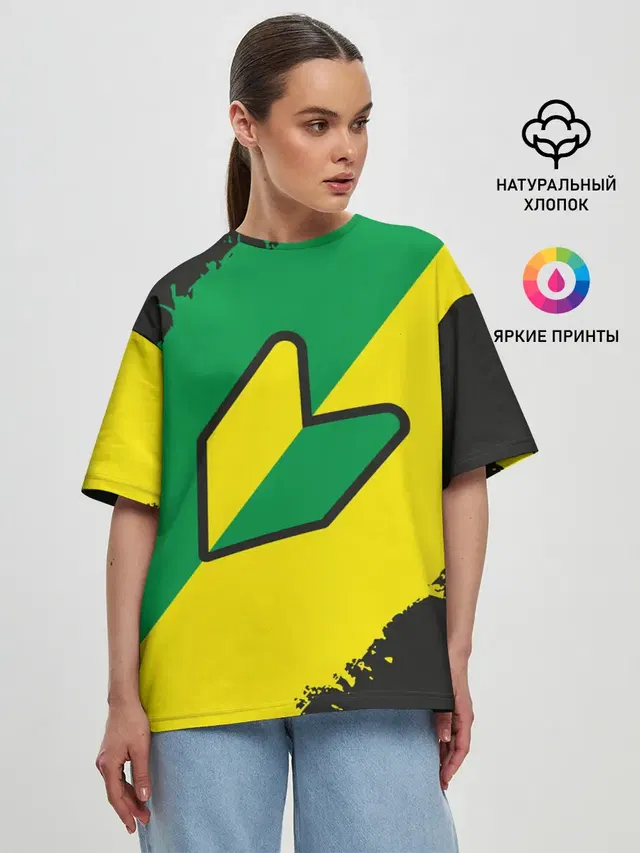 Женская футболка оверсайз с принтом «JDM Style — JDM GREEN YELLOW LOGO»