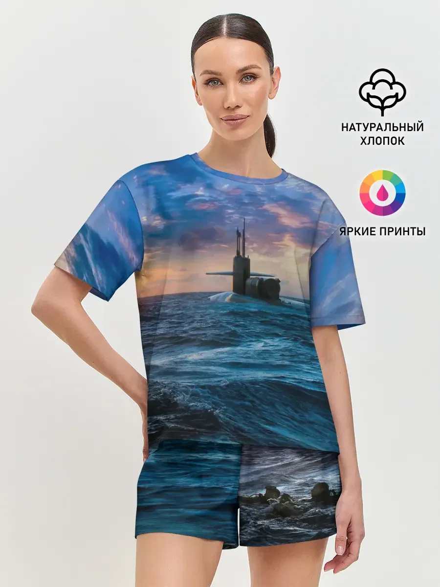 Хлопковая женская пижама с шортами «Подводная лодка» — принт крупно