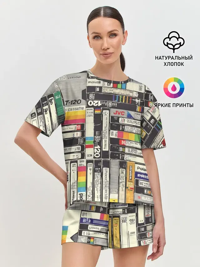 Женская пижама с шортами с принтом «Retro — VHS-кассеты»