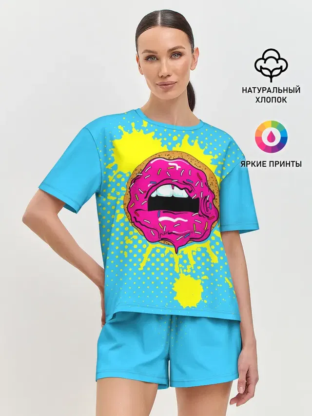 Женская пижама с шортами с принтом «Губы — Donut lips»