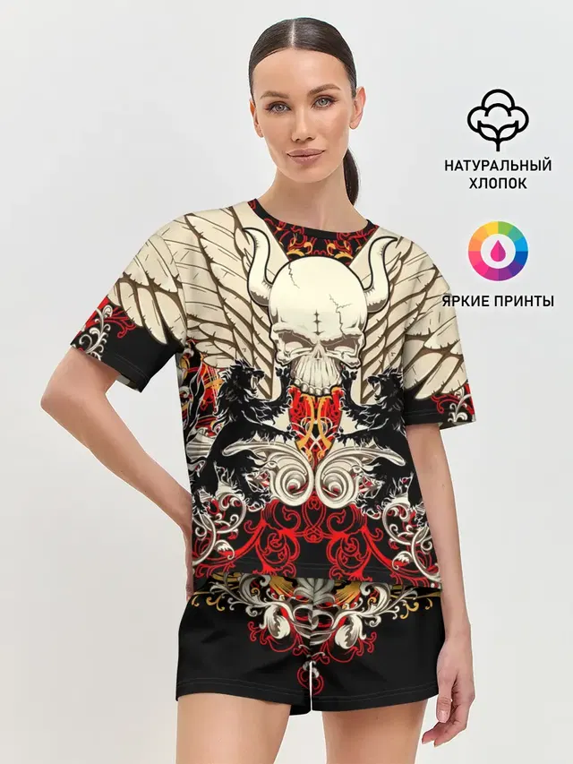 Женская пижама с шортами с принтом «Черепа — Vintage Skull Art v2»
