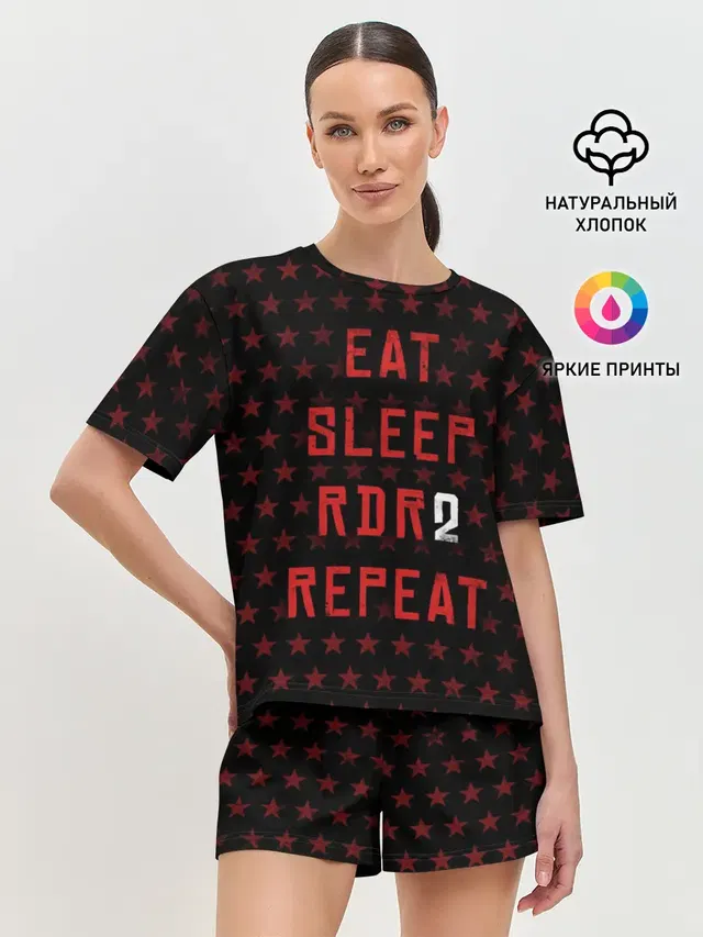Женская пижама с шортами с принтом «Eat Sleep RDR2 Repeat»