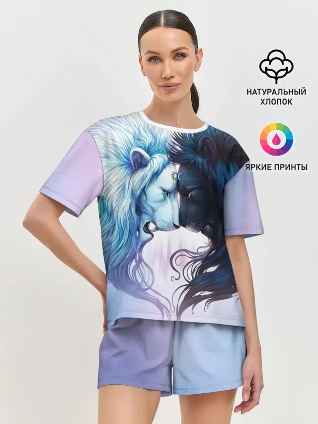 Женская пижама с шортами с принтом «День Святого Валентина — Lions love»