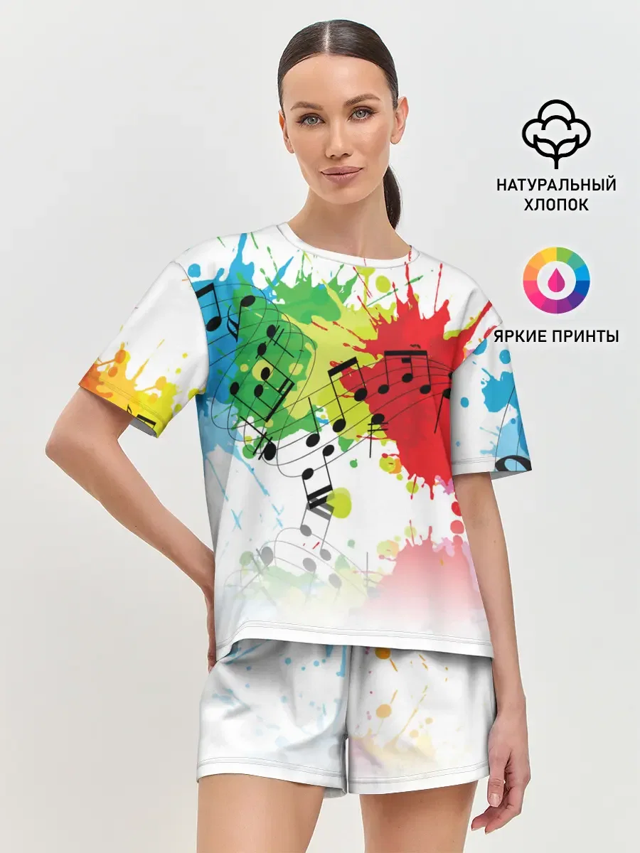 Женская пижама с шортами с принтом «Ноты color», вид спереди
