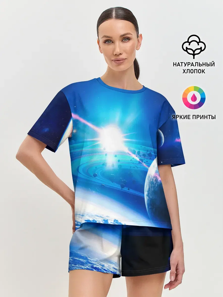 Хлопковая женская пижама с шортами с принтом «Space» — купить — принт крупно