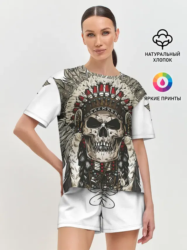 Женская пижама с шортами с принтом «Черепа — Leader of indian skeletons»