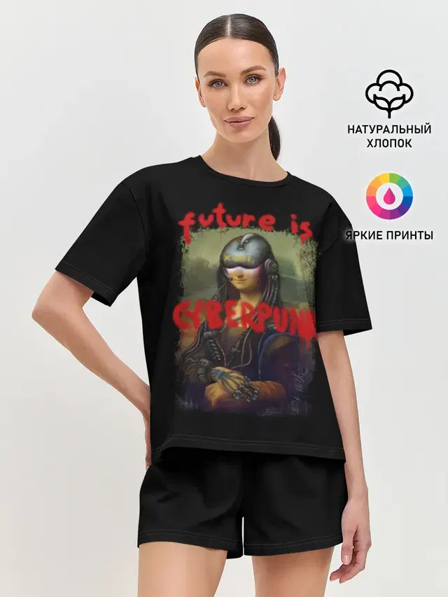 Женская пижама с шортами с принтом «Cyberpunk 2077 — Cyberpunk Mona Lisa»