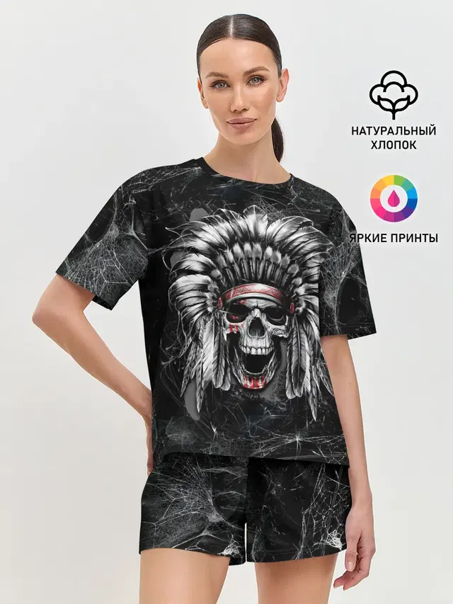 Женская пижама с шортами с принтом «Черепа — Индеец череп»
