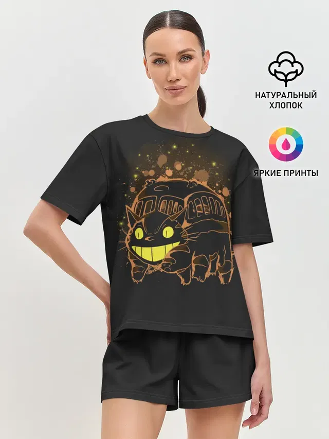 Женская пижама с шортами с принтом «Тоторо — My Neighbor Totoro оранжевый кот»