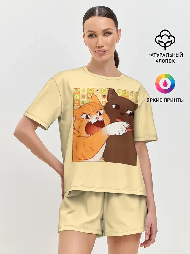 Женская пижама с шортами с принтом «Woman yelling at Cat meme»