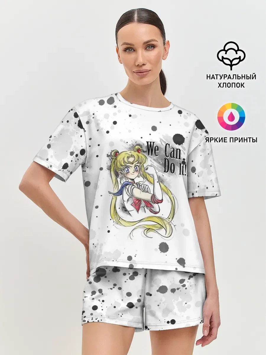Хлопковая женская пижама с шортами «We Can Do It!» — принт крупно