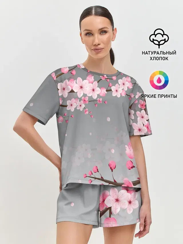 Женская пижама с шортами с принтом «Цветы — САКУРА — SAKURA»