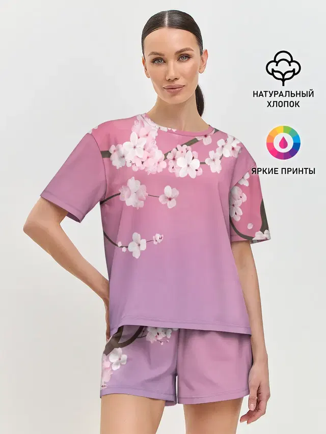 Женская пижама с шортами с принтом «Цветы — САКУРА — SAKURA»