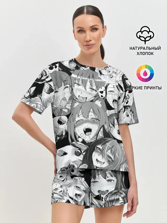 Женская пижама с шортами с принтом «Ahegao — AHEGAO monochrome»