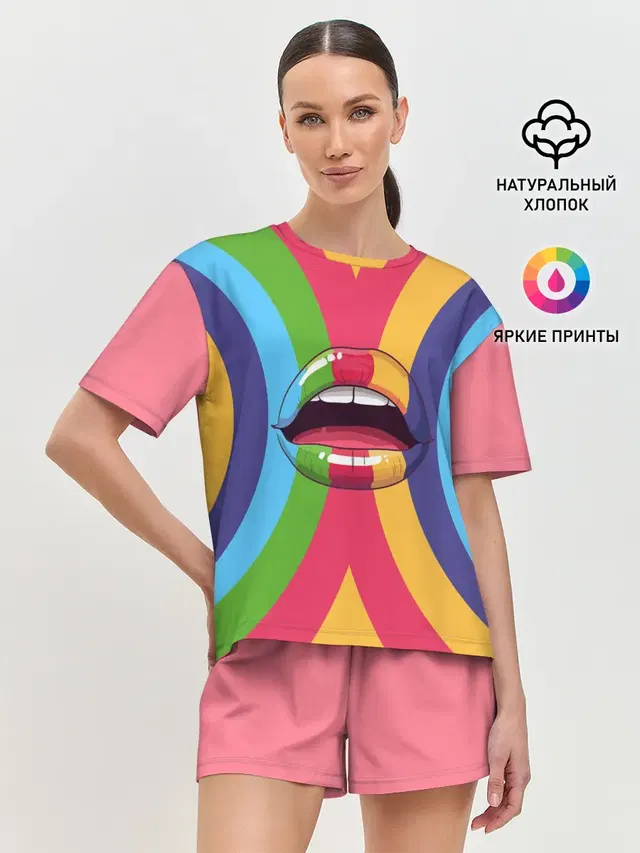 Женская пижама с шортами с принтом «Губы — Радужные губы — Rainbow lips»