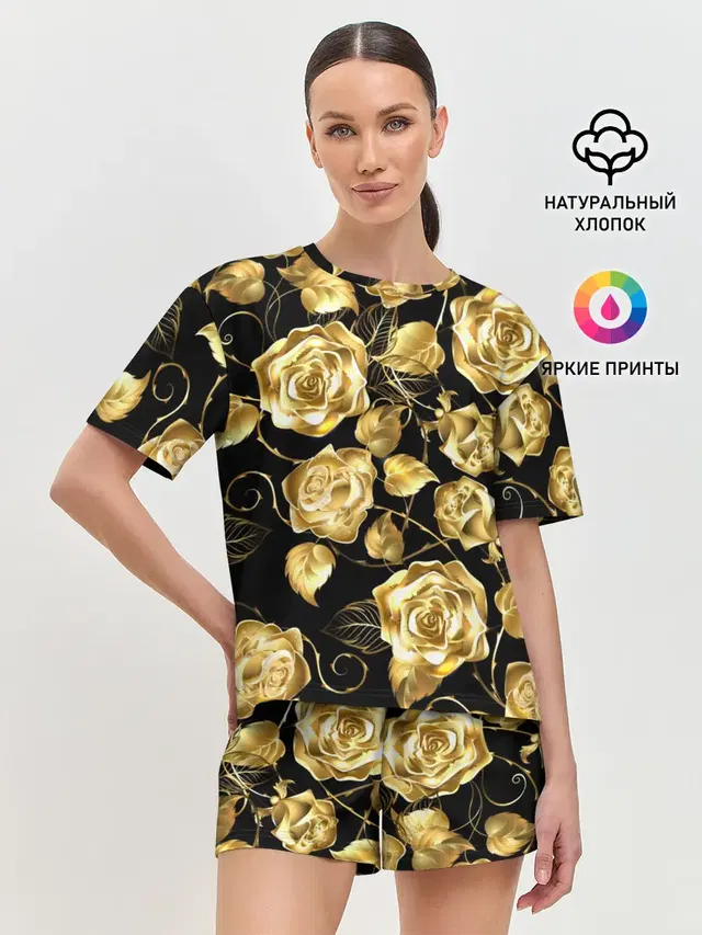 Женская пижама с шортами с принтом «Цветы — Golden Roses»